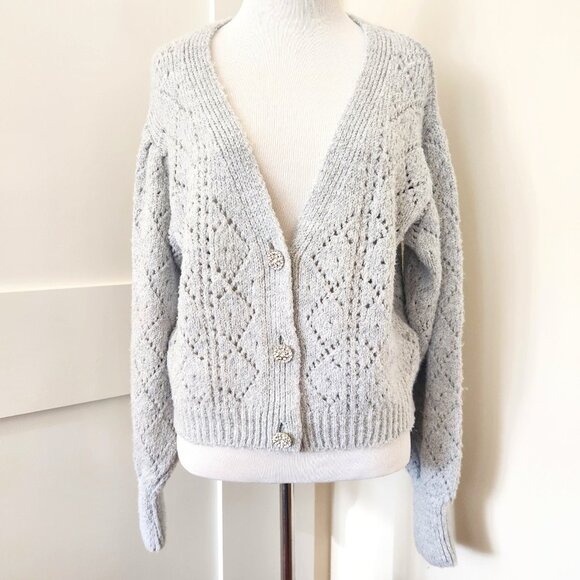 NWT Anthropologie Light gray knit cardigan w/ jeweled buttons. Size S. - Picture 1 of 3